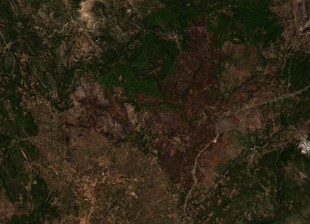 A Andanía térségében pusztító tűz leégett területe műholdról, 2021. szeptember 25.