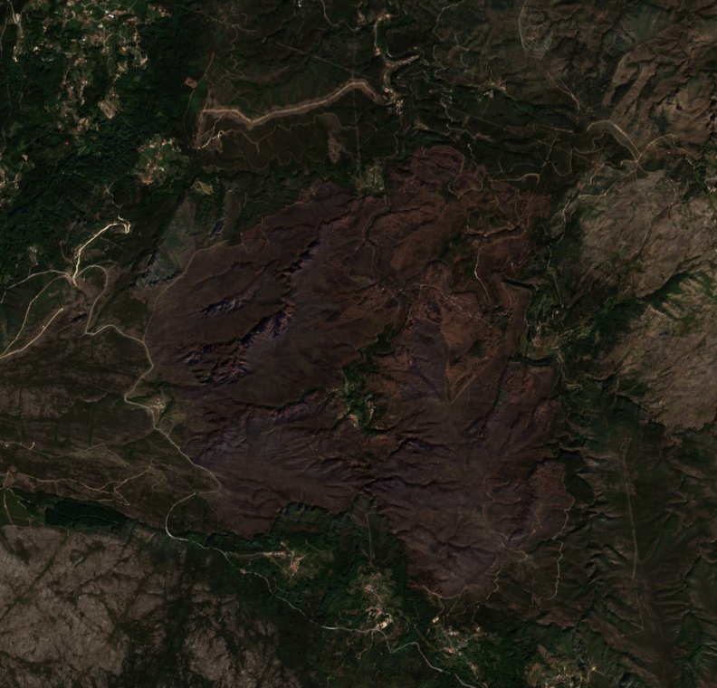 A Arouca térségében pusztító tűz leégett területe műholdról, 2026. szeptember 20.
