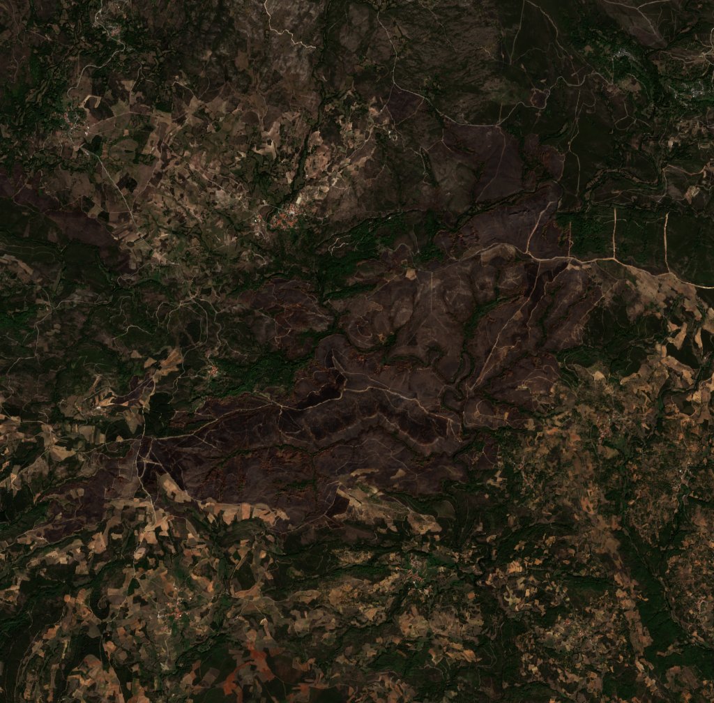 A Bragança térségében pusztító tűz leégett területe műholdról, 2026. szeptember 20.