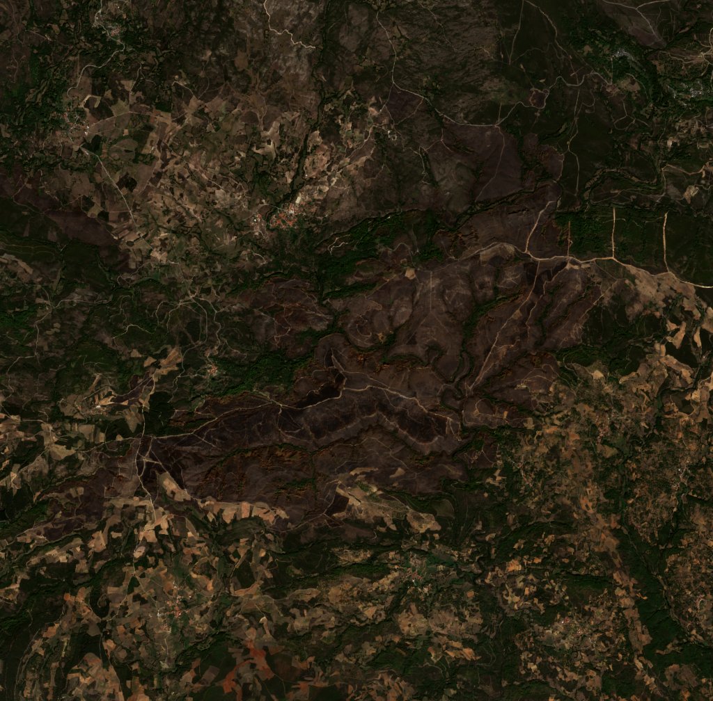 Leégett erdő Portugália — Sentinel-2 műholdfelvétel, 2026-09-25