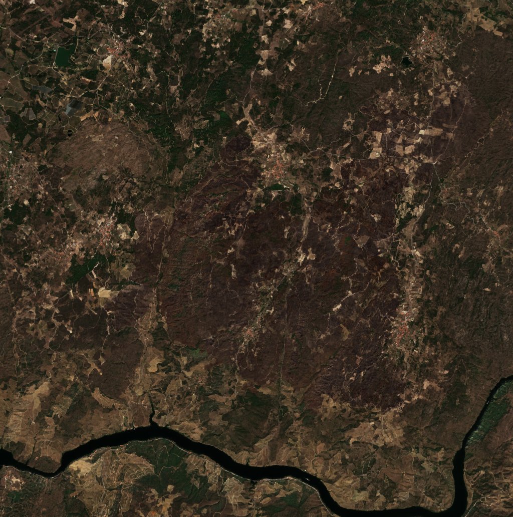 A Bragança térségében pusztító tűz leégett területe műholdról, 2026. szeptember 20.