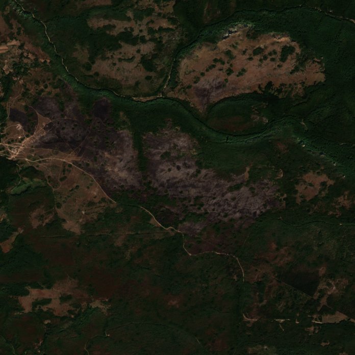 A Ćuprija térségében pusztító tűz leégett területe műholdról, 2026. szeptember 17.