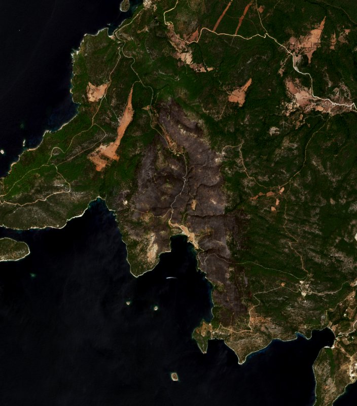 A Περιφερειακή Ενότητα Ευβοίας térségében pusztító tűz leégett területe műholdról, 2026. augusztus 17.
