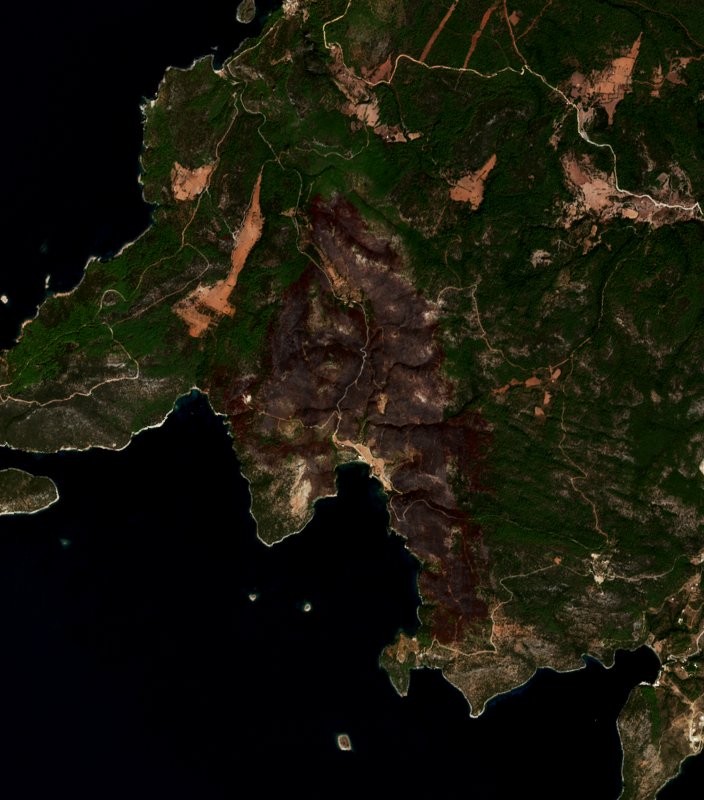 A Περιφερειακή Ενότητα Ευβοίας térségében pusztító tűz leégett területe műholdról, 2026. szeptember 21.