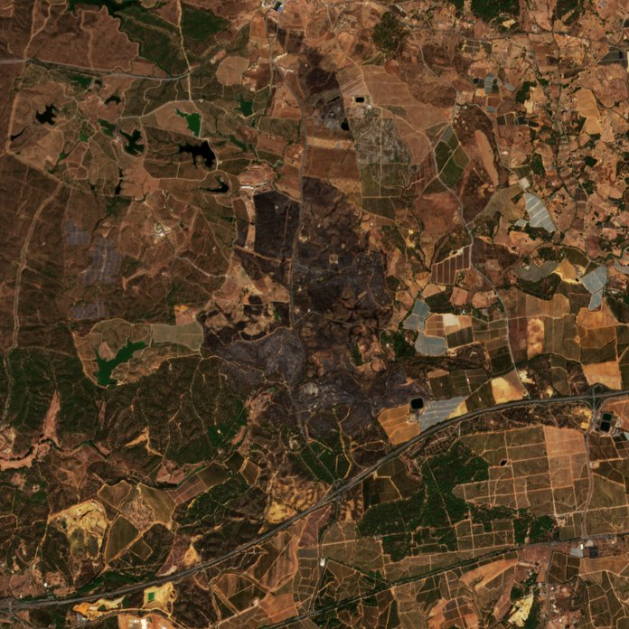 A Isla Cristina térségében pusztító tűz leégett területe műholdról, 2026. szeptember 24.