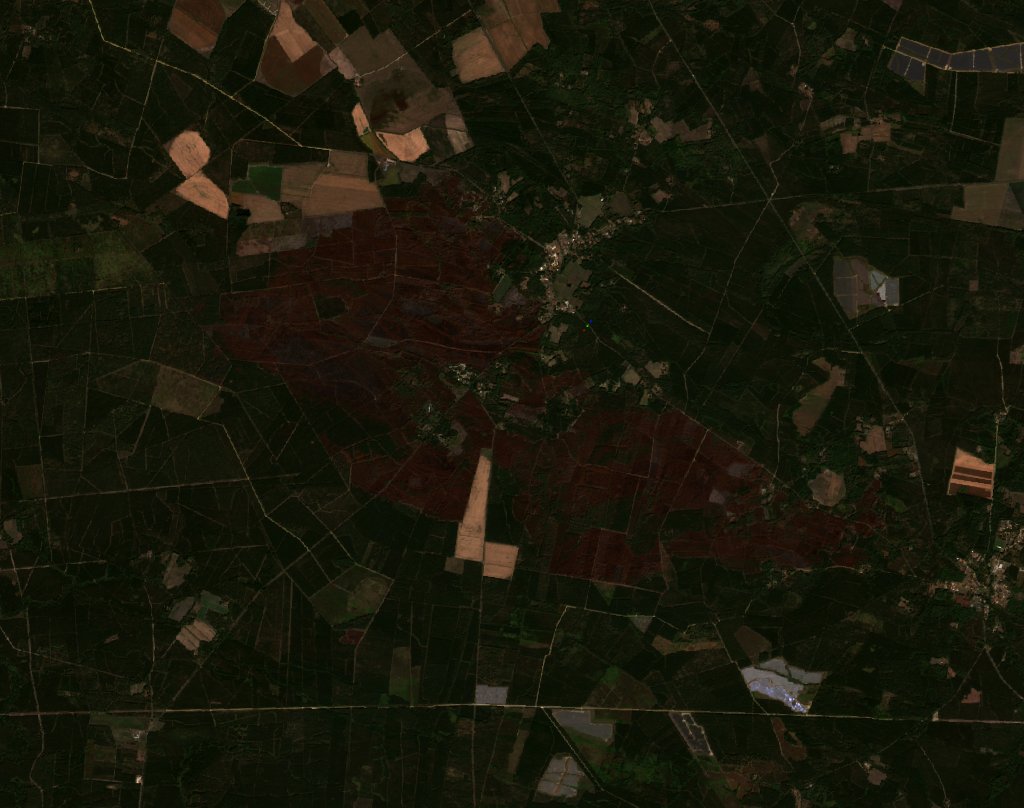 A Landes térségében pusztító tűz leégett területe műholdról, 2026. szeptember 19.