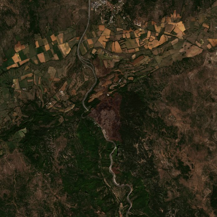 A Lodève térségében pusztító tűz leégett területe műholdról, 2026. szeptember 15.