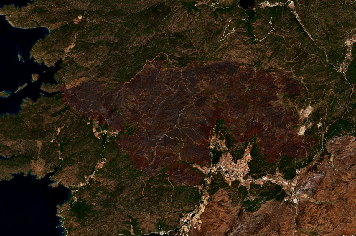 A Marmaris térségében pusztító tűz leégett területe műholdról, 2022. augusztus 17.