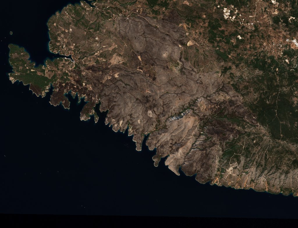 A Milna térségében pusztító tűz leégett területe műholdról, 2026. szeptember 30.