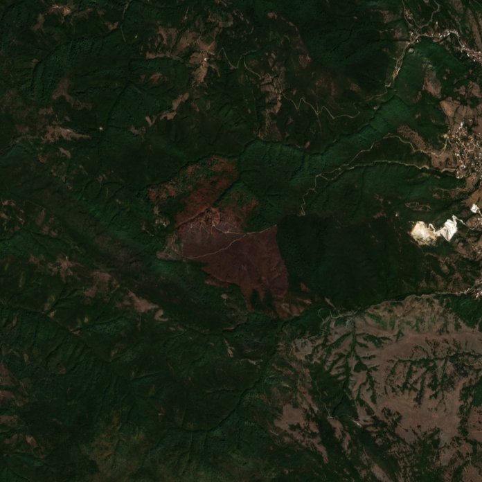 Leégett erdő Szerbia — Sentinel-2 műholdfelvétel, 2026-09-17
