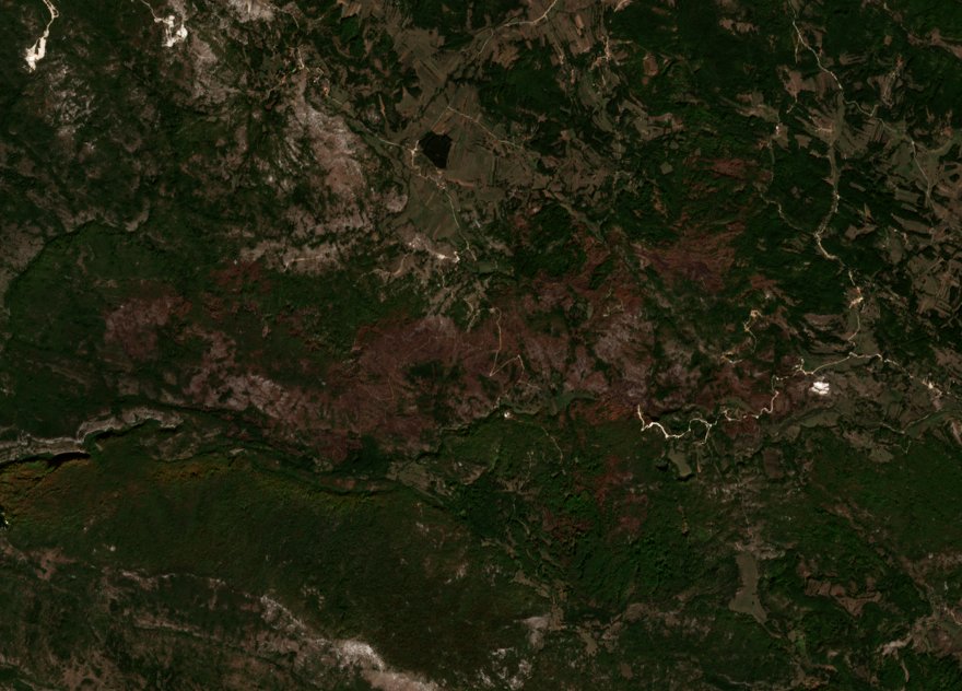 Leégett erdő Bosznia-Hercegovina — Sentinel-2 műholdfelvétel, 2026-09-27