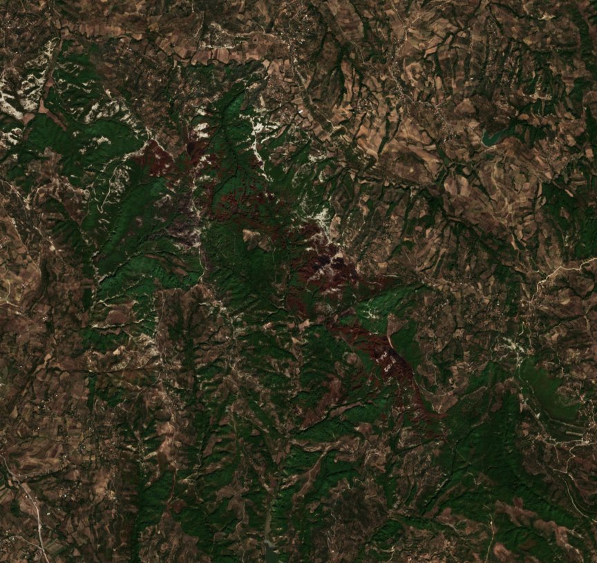 Leégett erdő Albánia — Sentinel-2 műholdfelvétel, 2026-09-27