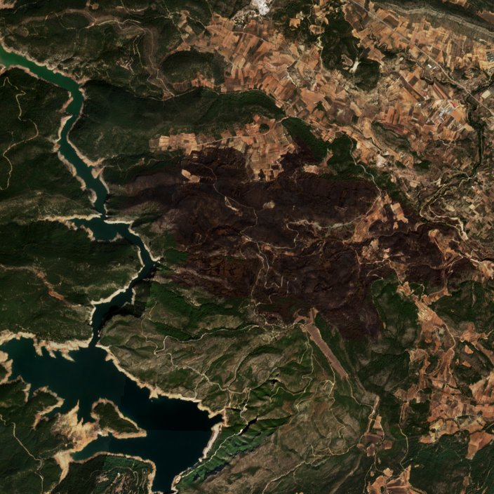 A Tuéjar térségében pusztító tűz leégett területe műholdról, 2026. szeptember 21.