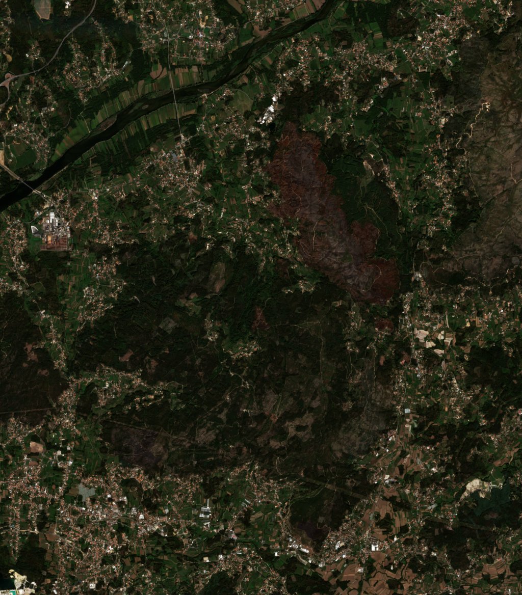 Leégett erdő Portugália — Sentinel-2 műholdfelvétel, 2026-09-25