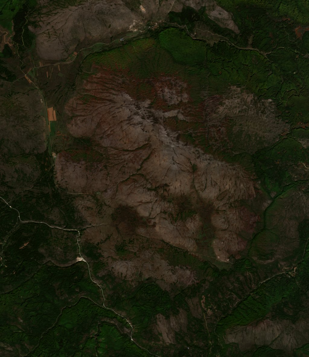 A Vraneštica térségében pusztító tűz leégett területe műholdról, 2024. október 2.