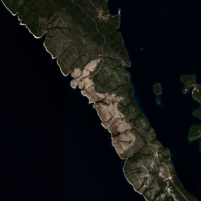 A Zadar térségében pusztító tűz leégett területe műholdról, 2026. október 3.